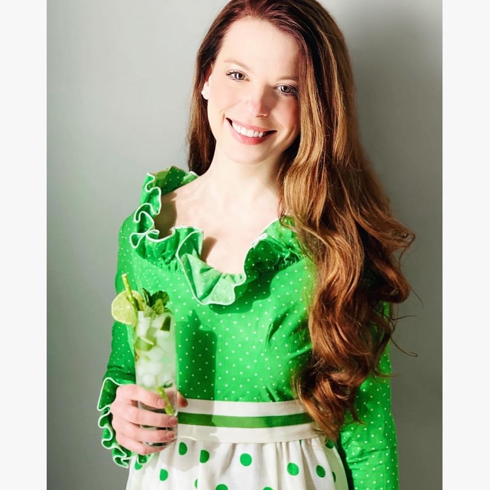 Vintage Mollie Parnis green white polka dot maxi dress gown